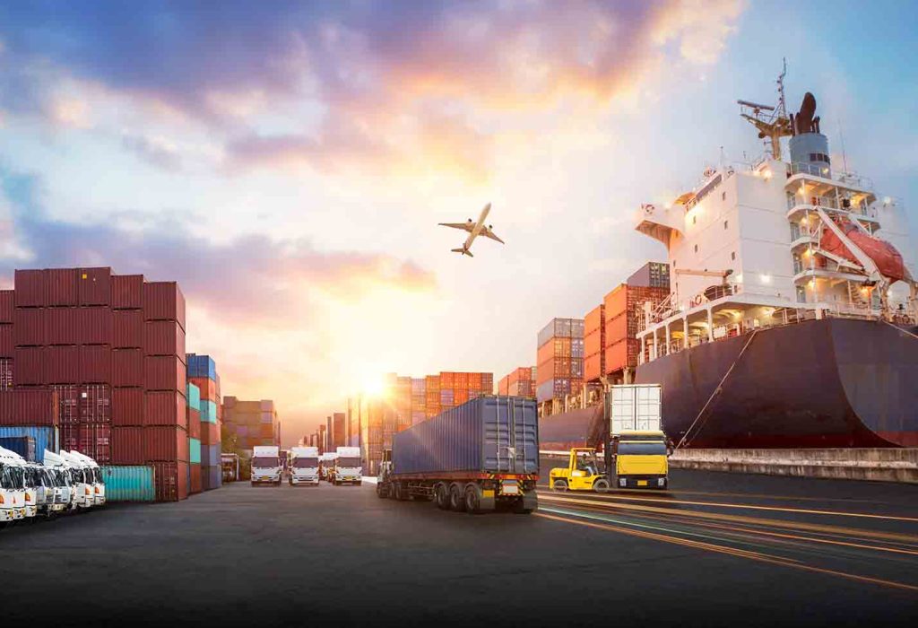 Container truck in ship port for business Logistics and transportation of Container Cargo ship and Cargo plane with working crane bridge in shipyard at sunrise, logistic import export and transport